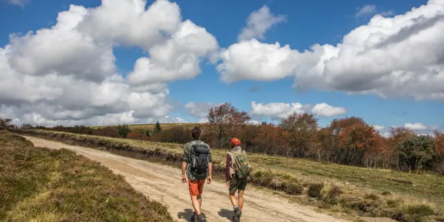 Un couple marche sur un sentier de randonnée dans les Hautes Chaumes du Forez.