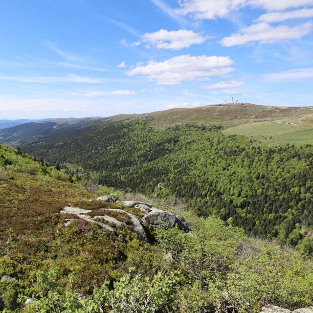 Paysage de la vallée du Fossat, avec rochers, forêts, prairies et ciel bleu.