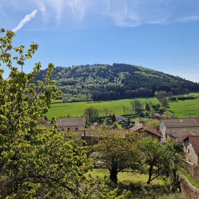 Vue sur le Mont Bar avec des maisons de village et des arbres au premier plan.
