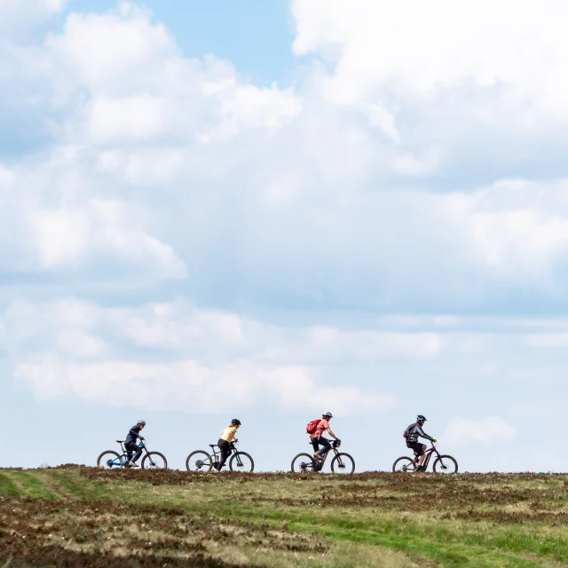 Quatre personnes à vélo s’arrêtent dans un champ en altitude, admirant un paysage de montagnes verdoyantes sous un ciel bleu parsemé de nuages.