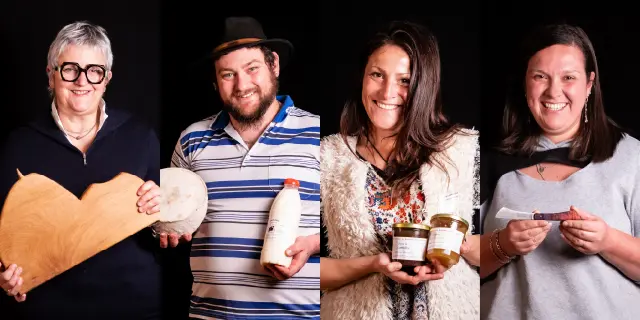 Montage photo d’ambassadeurs du Livradois-Forez présentant leurs produits et activités.