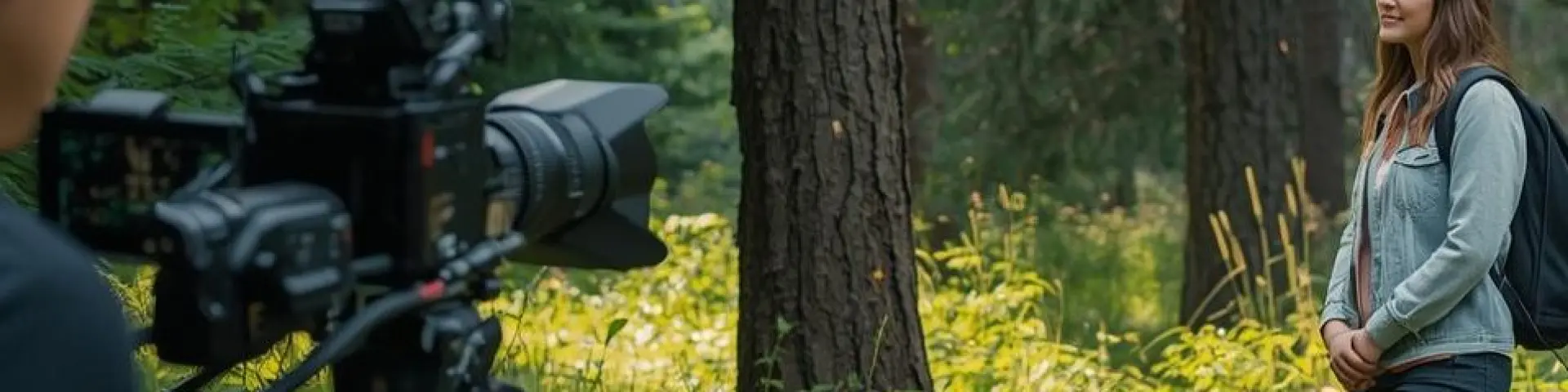 Une femme est filmée pour un reportage vidéo devant un paysage forestier du Livradois-Forez.