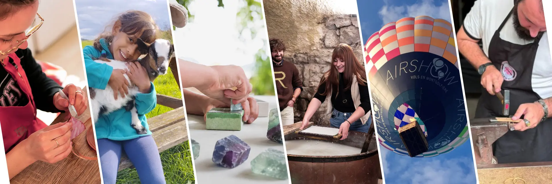 Composition d'images présentant les expériences à vivre en Livradois-Forez : nature, patrimoine, gastronomie, activités de plein air et savoir-faire.